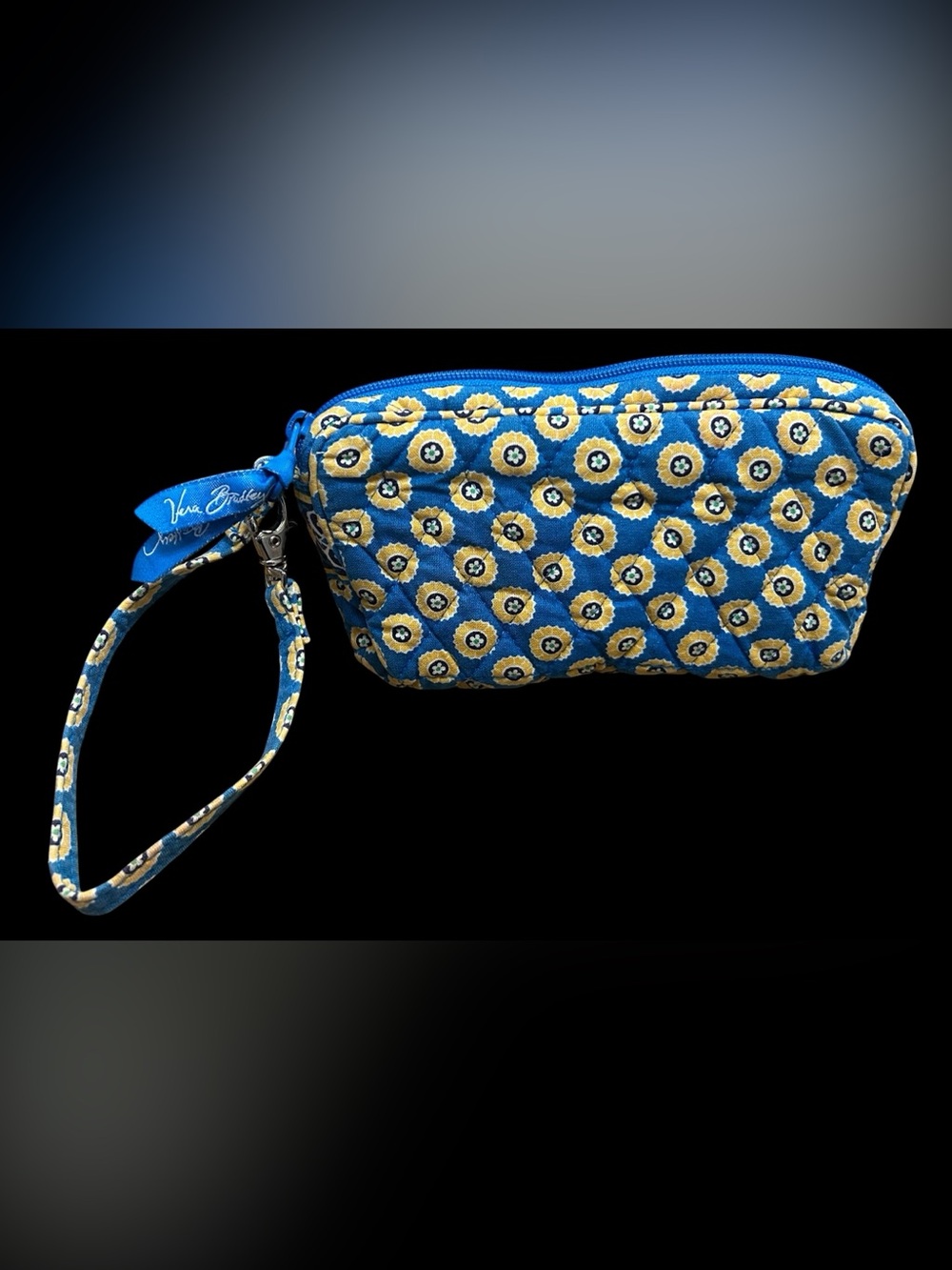 Vera Bradley Blue Quilted Floral Wristlet/Wallet with Yellow Sunflower Pattern